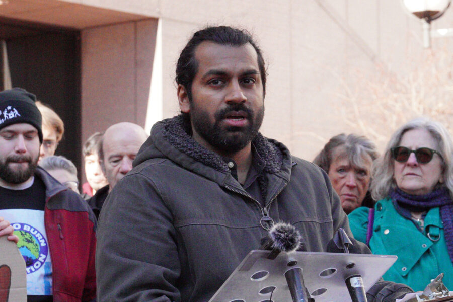 Nazir Khan, co-founder of the Minnesota Environmental Justice Table, speaks during a rally on Friday at the Hennepin County Government Center near City Hall to launch a hunger strike against a polluting trash incinerator. Credit: Courtesy of Geoff Dittberner/Zero Burn Coalition