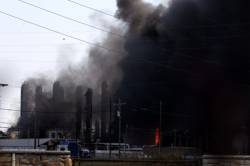 The TPC Group’s chemical plant in Port Neches, Texas, is shrouded by smoke as fire burns on Nov. 27, 2019. Credit: Steven Song/Xinhua via Getty Images