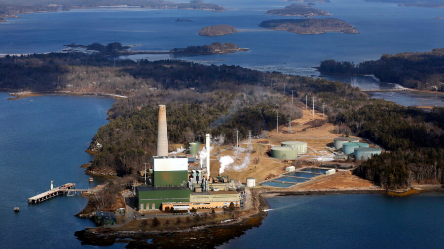 An aerial view of the Wyman Power Station, a peaker plant, on Cousins Island in Yarmouth, Maine. Credit: Gabe Souza/Portland Press Herald via Getty Images