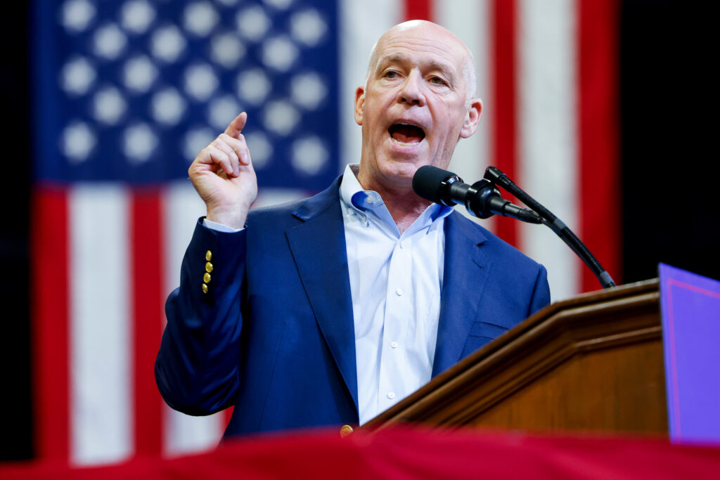 Gov. Greg Gianforte speaks during a Trump rally at Montana State University ahead of the election on Aug. 9, 2024, in Bozeman, Mont. Credit: Michael Ciaglo/Getty Images