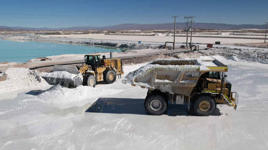 Mining trucks load lithium sulfate in Chile’s Atacama Salt Flat on July 29, 2024. Credit: Lucas Aguayo Araos/Anadolu via Getty Images