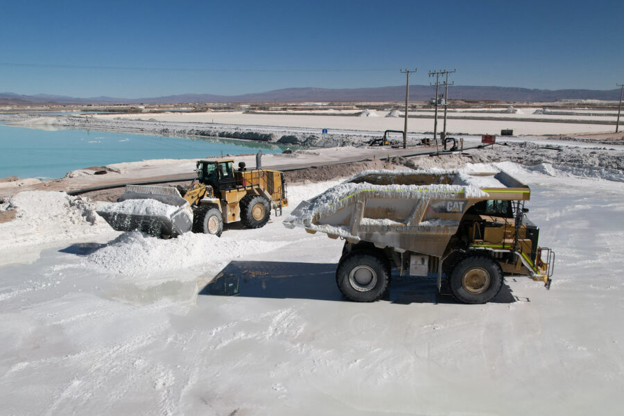 Mining trucks load lithium sulfate in Chile’s Atacama Salt Flat on July 29, 2024. Credit: Lucas Aguayo Araos/Anadolu via Getty Images
