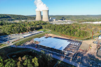 Construction of an Amazon data center is seen in front of Talen Energy’s nuclear power plant in Salem Township on Oct. 10, 2025. Credit: Jason Ardan/Citizens' Voice via Getty Images