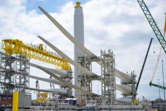 Turbine blades for the Revolution Wind offshore wind project are seen at State Pier in New London, Conn., on Aug. 25, 2025. Credit: Tyler Russell/Connecticut Public via Getty Images