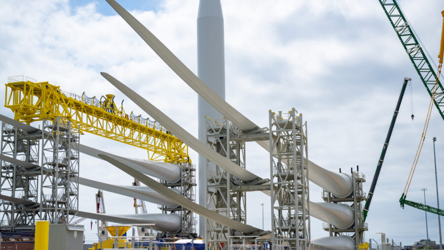 Turbine blades for the Revolution Wind offshore wind project are seen at State Pier in New London, Conn., on Aug. 25, 2025. Credit: Tyler Russell/Connecticut Public via Getty Images