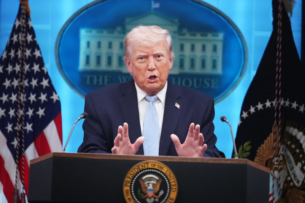 President Donald Trump speaks about the war in Iran during a news conference in the White House briefing room on April 6. Credit: Tom Williams/CQ-Roll Call, Inc via Getty Images