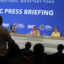 Attendees ask questions during a press briefing following a meeting of the World Bank and International Monetary Fund on Friday in Washington, D.C. Credit: Kent Nishimura/AFP via Getty Images