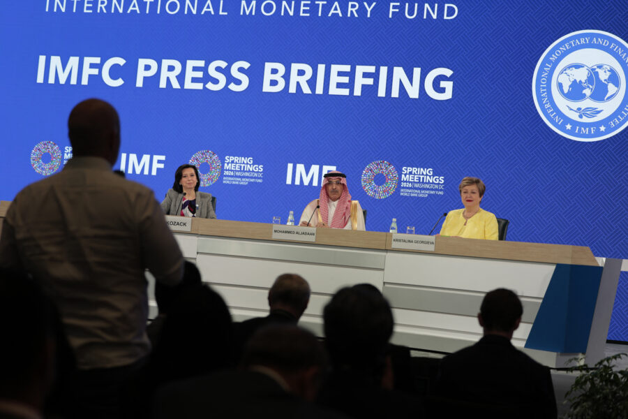 Attendees ask questions during a press briefing following a meeting of the World Bank and International Monetary Fund on Friday in Washington, D.C. Credit: Kent Nishimura/AFP via Getty Images