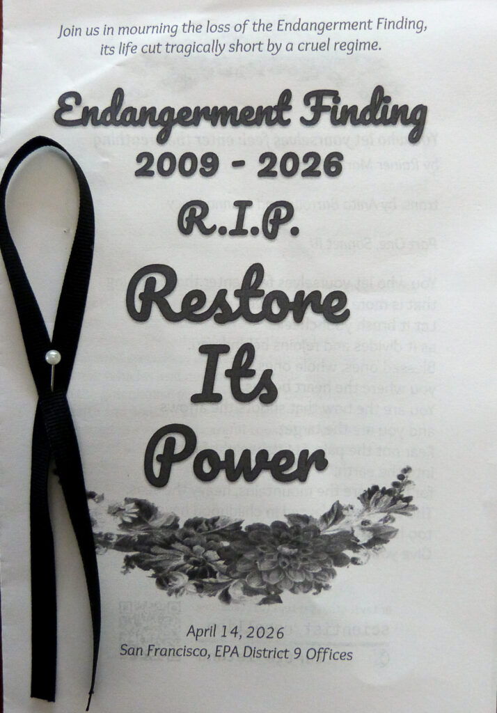 The program of a mock funeral for the endangerment finding held on Tuesday. Credit: Liza Gross/Inside Climate News