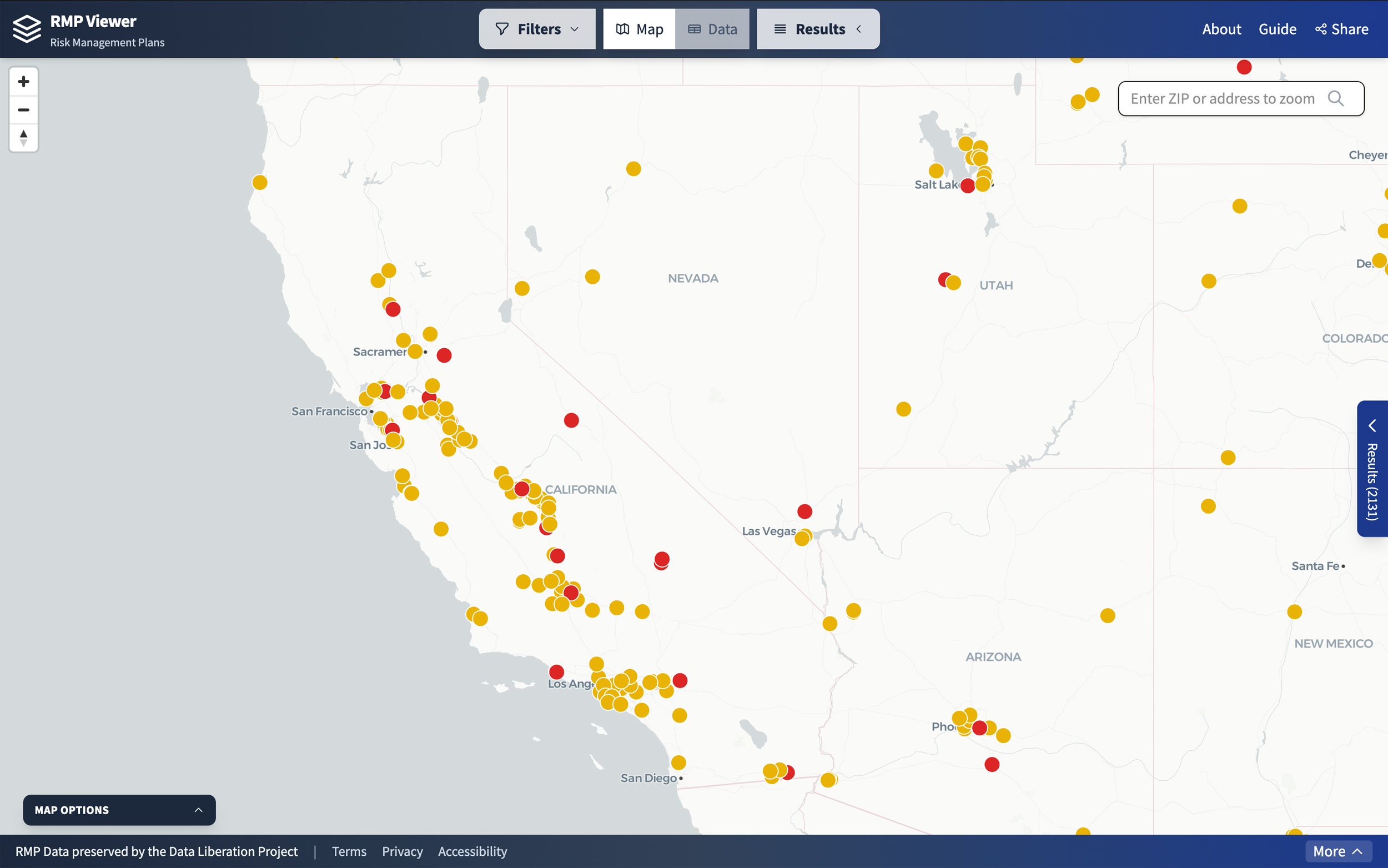 The map provides access to data that was available on the EPA’s website until April 18, 2025, when the Trump administration took it down following pressure from industry groups. The red dots represent accidents at facilities within the past five years, but the data may be incomplete. Source: Data Liberation Project