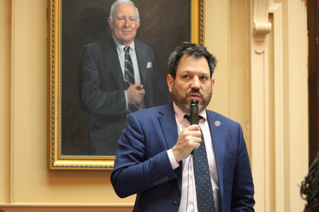 Majority Leader Scott Surovell (D-Fairfax) speaks on the Senate floor. Credit: Charles Paullin/Inside Climate News
