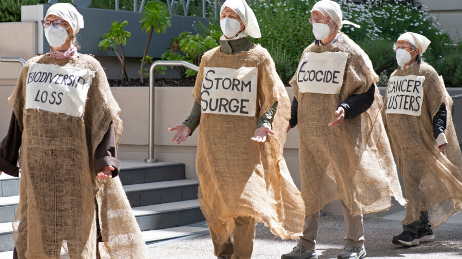“Lamentors” wear sackcloth and ash, mourning the Trump administration’s decision to overturn a landmark climate regulation rule, outside EPA Region 9 headquarters in San Francisco on Tuesday. Credit: ProBonoPhoto.org/Rachel Podlishevsky