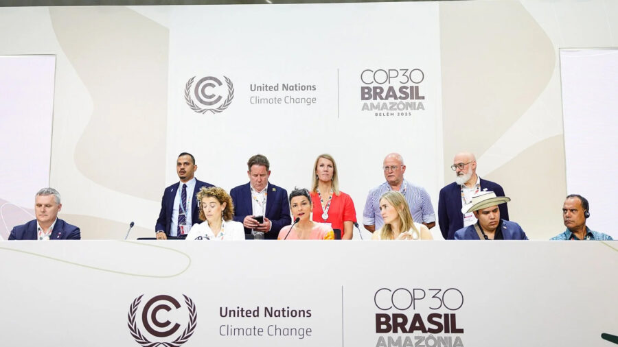 A panel announces the First Conference on Transitioning Away from Fossil Fuels during the COP30 in Belém, Brazil, on Nov. 21, 2025. Credit: First Conference on Transitioning Away from Fossil Fuels