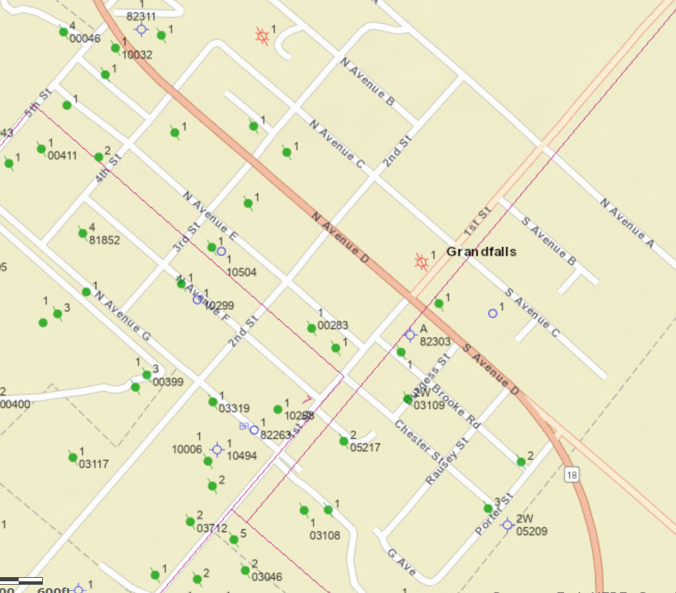 The Railroad Commission’s Geographic Information System shows numerous plugged wells in the city of Grandfalls. The green dots with a cross through them indicate the locations of plugged oil wells.