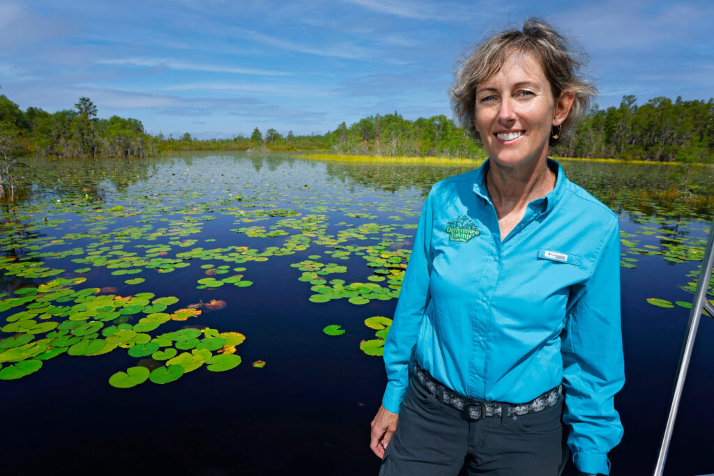 Kim Bednarek, executive director of Okefenokee Swamp Park, in the wildlife refuge. Credit: Frank Fortune