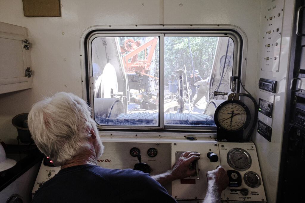 A look inside the wire line truck’s air-conditioned control enclosure. The truck creates interior views of the well and its casings as well as places and detonates the charges that perforate well casings and well sides.