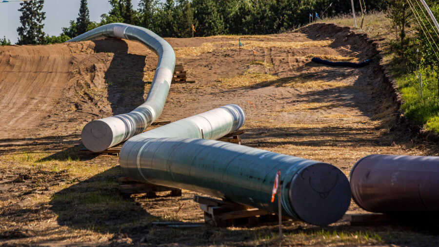 Sections of the Enbridge Line 3 oil pipeline are seen at the construction site near Wauburn, Minn., on June 5, 2021. Credit: Kerem Yucel/AFP via Getty Images