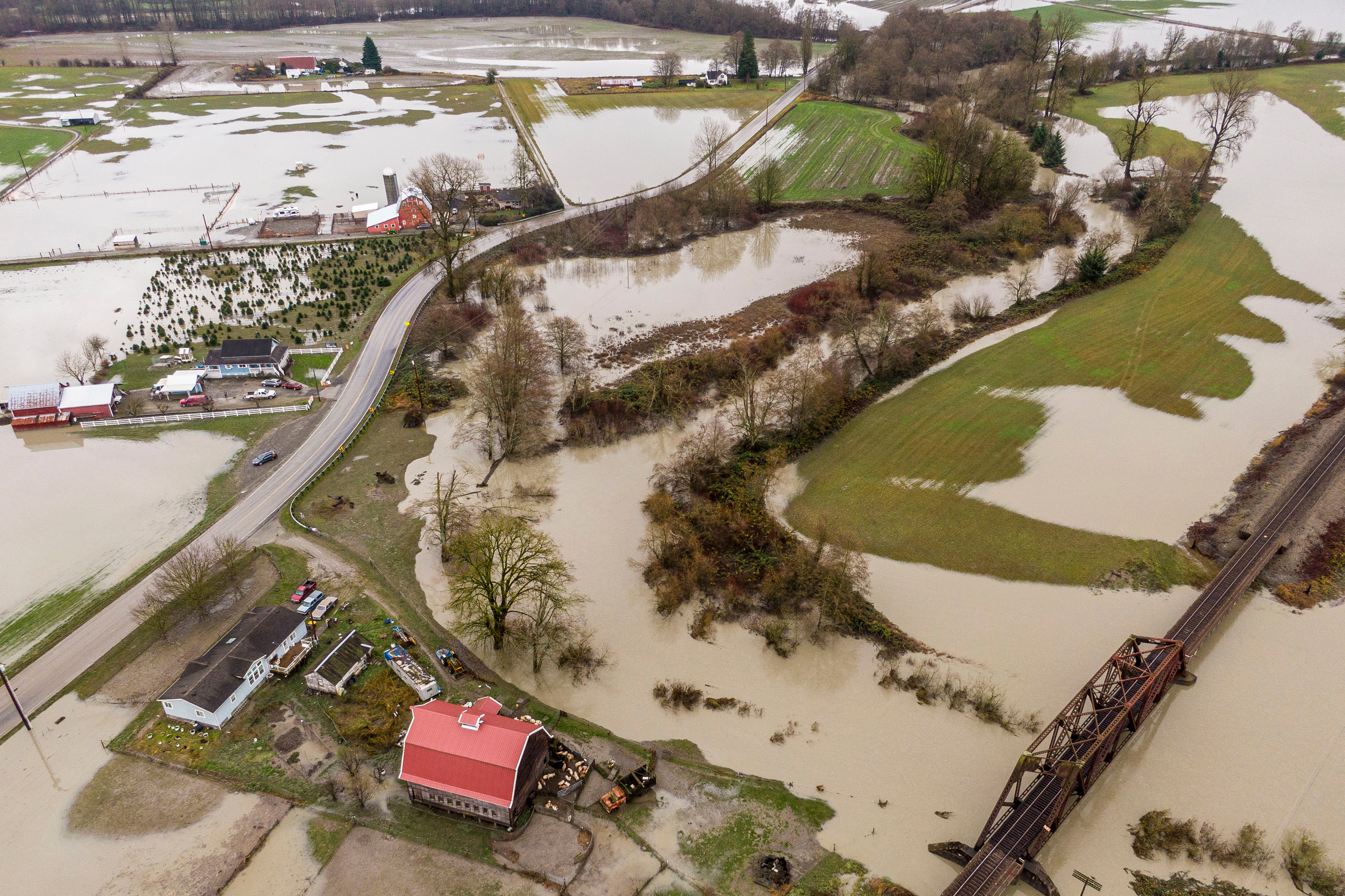 Floodwaters inundate farmland on Dec. 6, 2023, near Silvana, Wash., after an atmospheric river brought heavy rains to the region. Credit: David Ryder/Getty Images