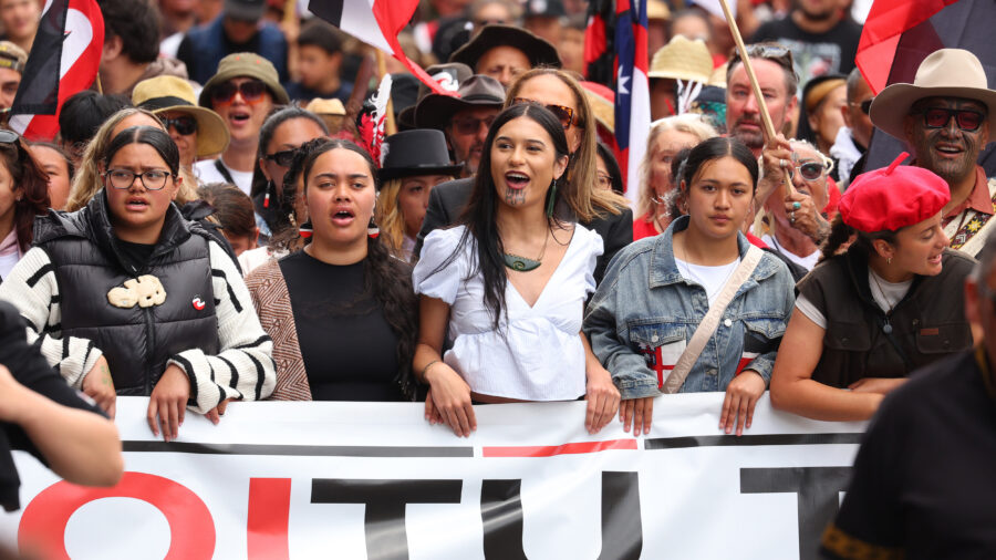 Māori communities march to advocate for the interpretation of the Treaty of Waitangi and Indigenous rights on Nov. 19, 2024, in Wellington, New Zealand. Credit: Hagen Hopkins/Getty Images