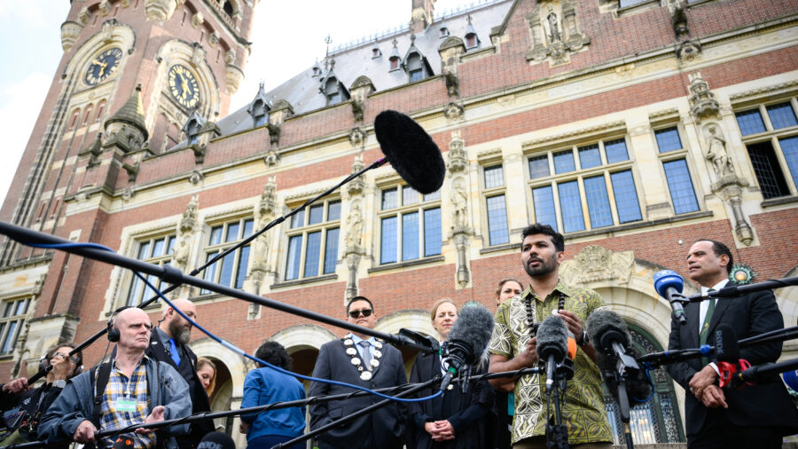 Vishal Prasad, director of Pacific Islands Students Fighting Climate Change, speaks to the media after an International Court of Justice session in The Hague on July 23, 2025. Credit: John Thys/AFP via Getty Images