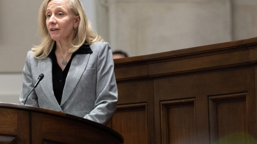 Gov. Abigail Spanberger speaks in the chamber of the Supreme Court of Virginia on March 2 in Richmond. Credit: Mike Kropf-Pool/Getty Images