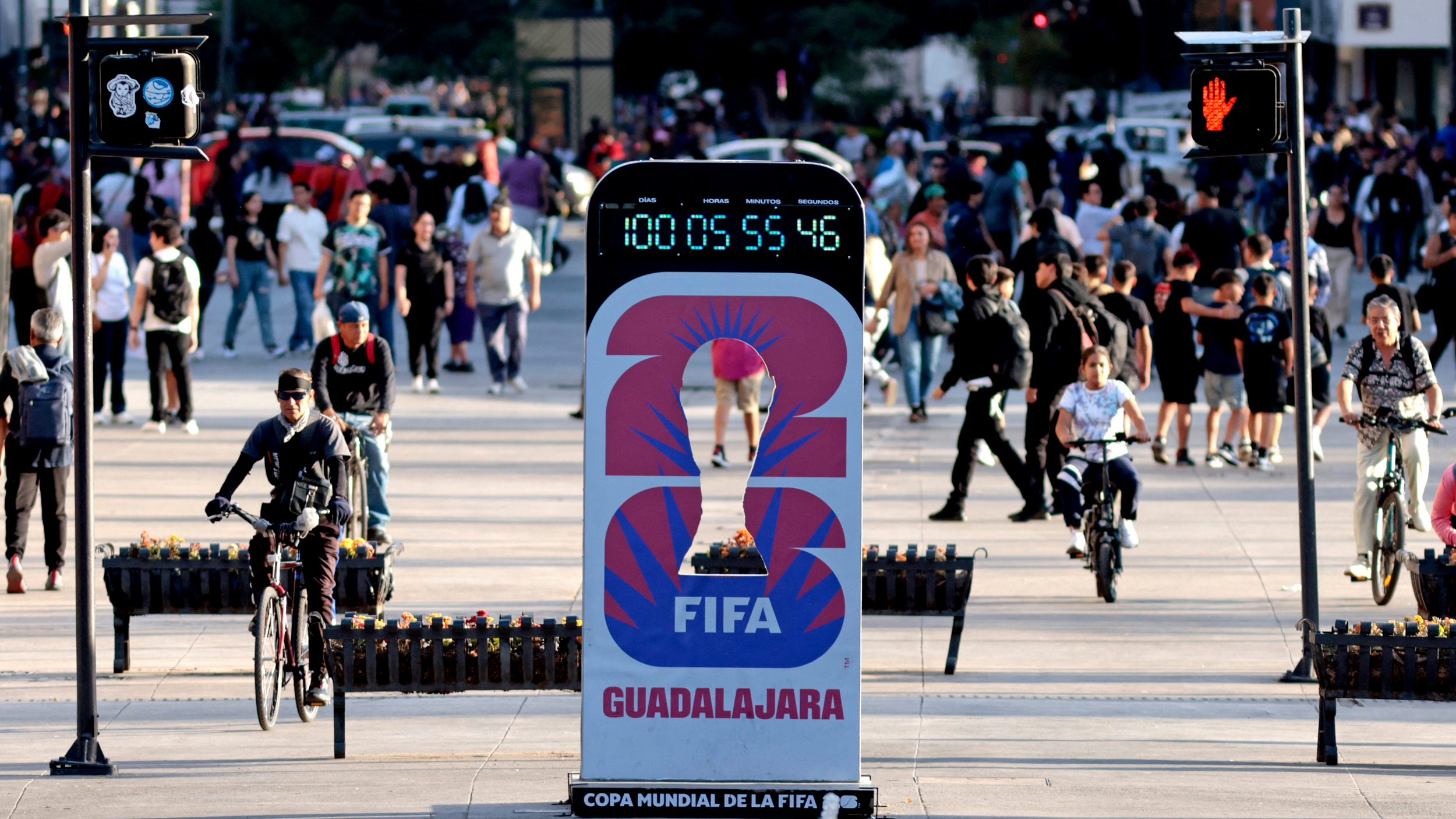 A countdown clock marks the days until the 2026 FIFA World Cup on March 2 in Guadalajara, Mexico. Credit: Ulises Ruiz/AFP via Getty Images