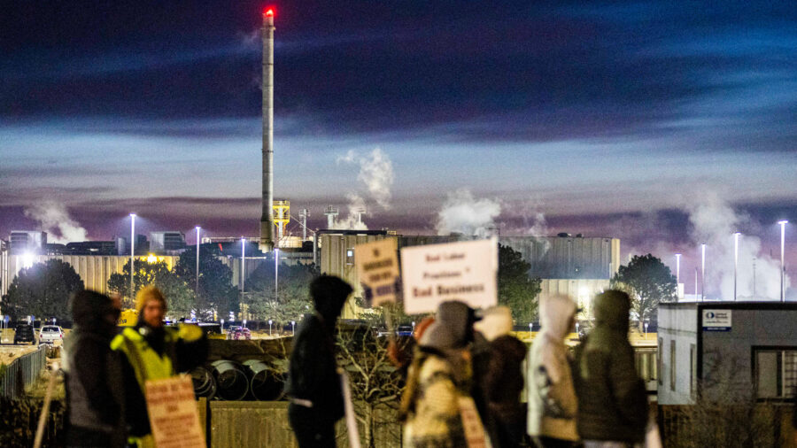 Steam rises from a JBS beef production facility as workers strike during the early morning hours on March 16 in Greeley, Colo. Credit: Brice Tucker/MediaNews Group/Greeley Tribune via Getty Images