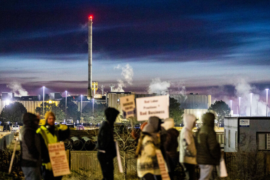 Steam rises from a JBS beef production facility as workers strike during the early morning hours on March 16 in Greeley, Colo. Credit: Brice Tucker/MediaNews Group/Greeley Tribune via Getty Images