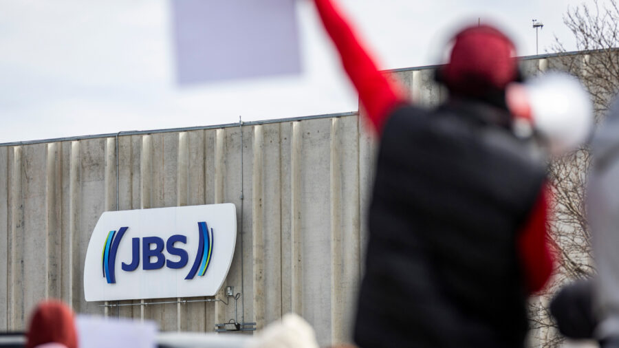 Workers strike at the JBS Beef Production Facility in Greeley, Colo., on March 16. Credit: Brice Tucker/MediaNews Group/Greeley Tribune via Getty Images