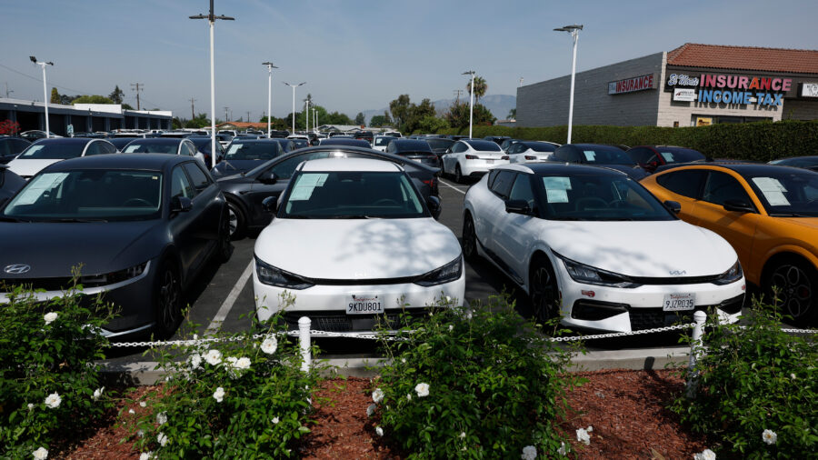 Used EVs sit on a sales lot on March 30 in West Covina, Calif. Credit: Justin Sullivan/Getty Images