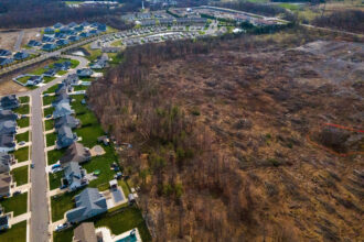 An aerial view of Project Boson, the future site of a nearly 620,000-square-foot data center surrounded by homes and a school in Archbald, Pa. Credit: Heather Ainsworth/The Washington Post via Getty Images