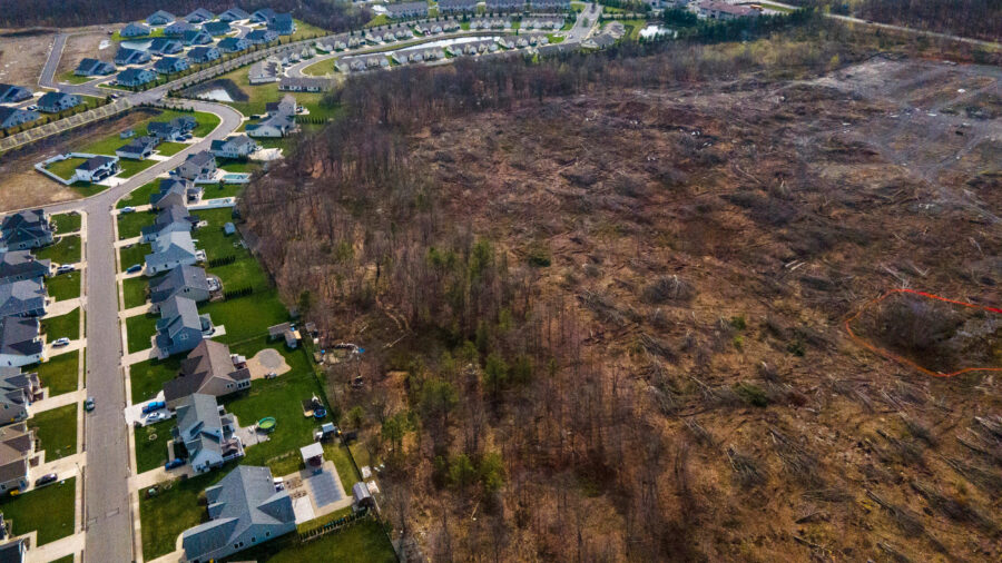 An aerial view of Project Boson, the future site of a nearly 620,000-square-foot data center surrounded by homes and a school in Archbald, Pa. Credit: Heather Ainsworth/The Washington Post via Getty Images