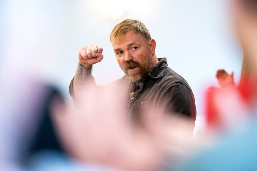 Senate candidate Graham Platner speaks during a campaign event on May 1 in Portland, Maine. Credit: Graeme Sloan/Getty Images