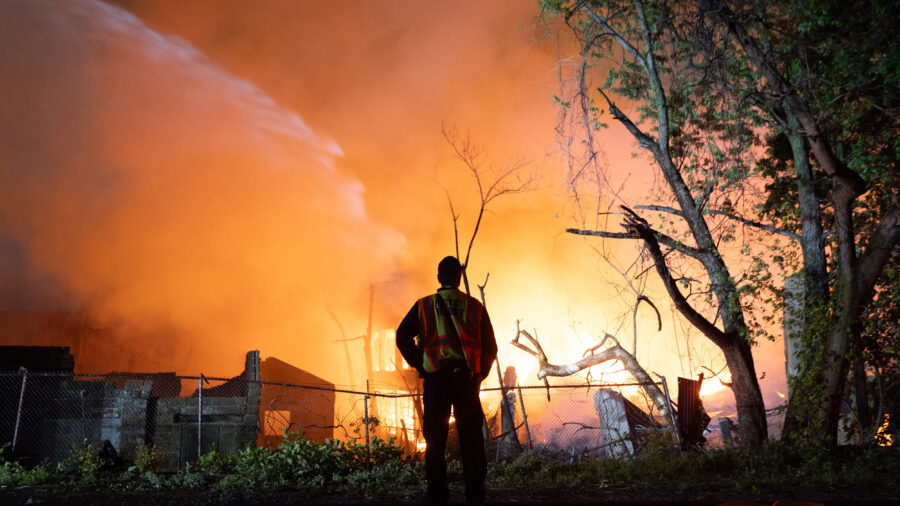 Flames rise over Belleville Township, N.J, as firefighters battle a 14-alarm blaze on May 3. Credit: Lokman Vural Elibol/Anadolu via Getty Images