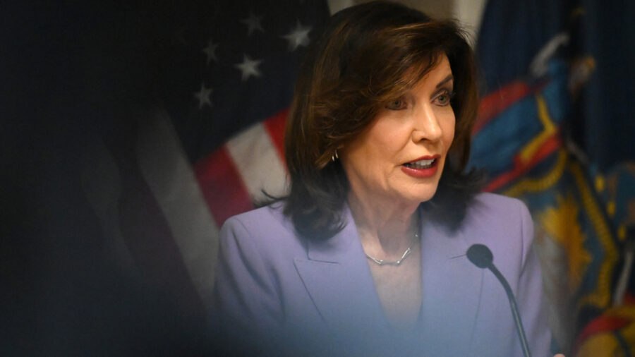 Gov. Kathy Hochul speaks during a news conference on May 5 in Menands, N.Y. Credit: Will Waldron/Albany Times Union via Getty Images