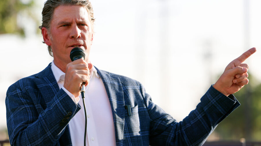 Bo French speaks as the Tarrant County Republican Party Chair during a rally in Mansfield on April 15, 2025. Credit: Shafkat Anowar/The Dallas Morning News via Getty Images