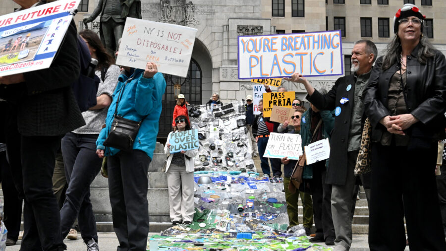 Environmental advocates join state legislators and health care professionals to urge the passage of the Packaging Reduction and Recycling Infrastructure Act on Monday in Albany, N.Y. Credit: Will Waldron/Albany Times Union via Getty Images