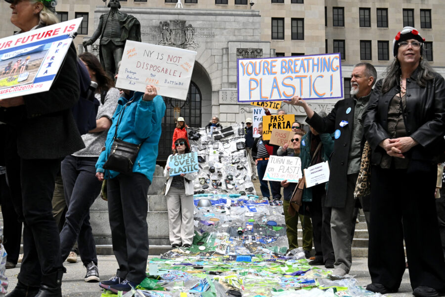 Environmental advocates join state legislators and health care professionals to urge the passage of the Packaging Reduction and Recycling Infrastructure Act on Monday in Albany, N.Y. Credit: Will Waldron/Albany Times Union via Getty Images