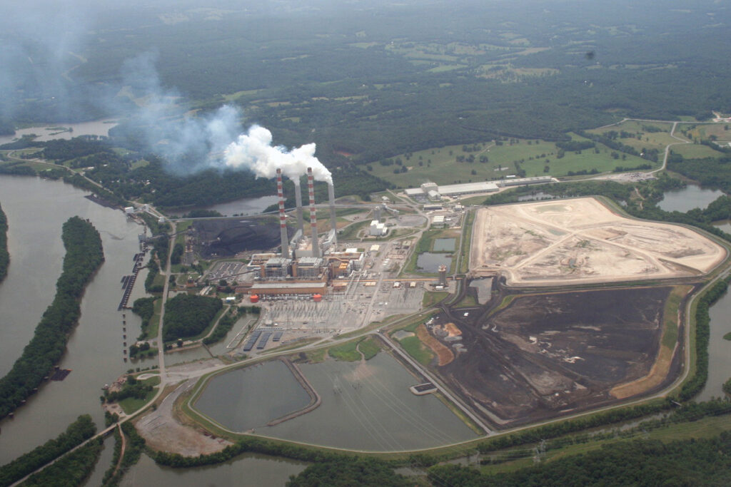Aerial view of the Tennessee Valley Authority's Cumberland Fossil Plant in Cumberland City, Tenn. White emissions billow from stacks at the plant.