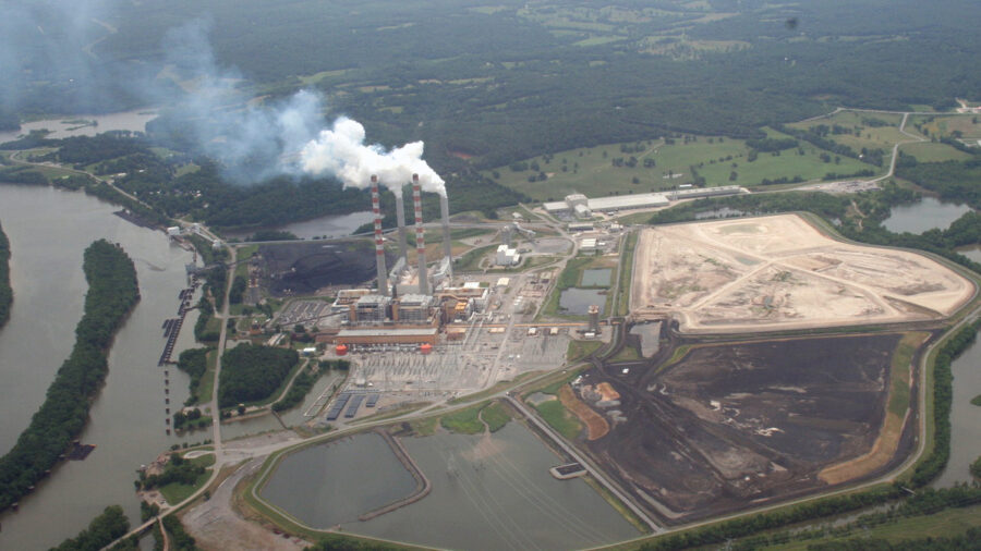 Aerial view of the Tennessee Valley Authority's Cumberland Fossil Plant in Cumberland City, Tenn. White emissions billow from stacks at the plant.