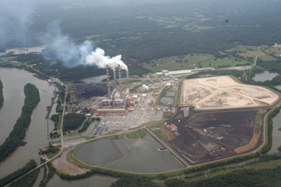 Aerial view of the Tennessee Valley Authority's Cumberland Fossil Plant in Cumberland City, Tenn. White emissions billow from stacks at the plant.