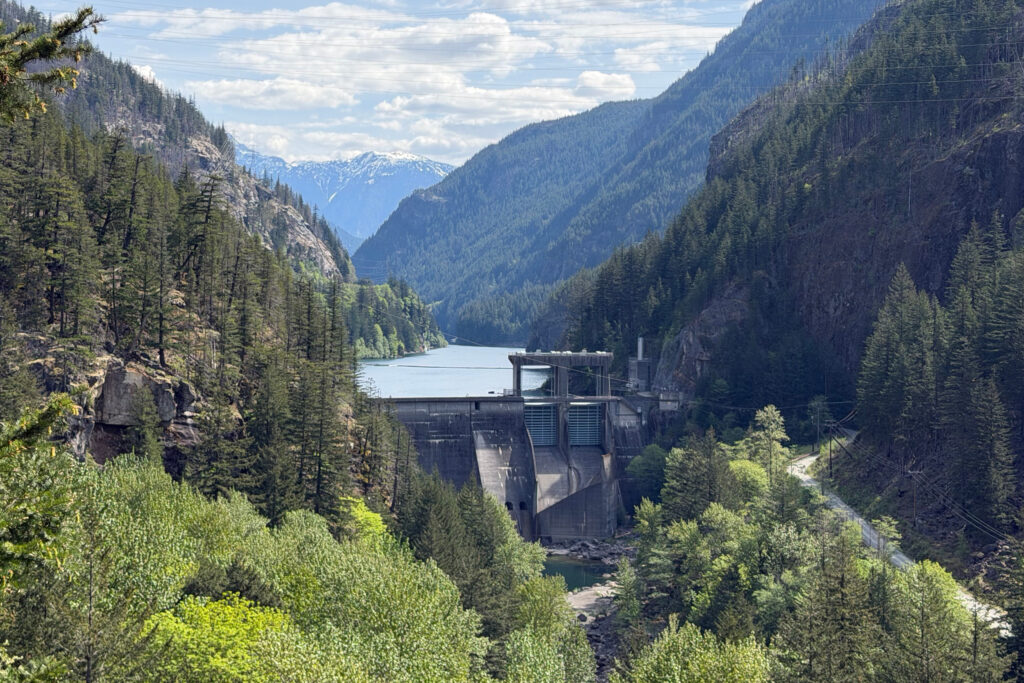 Gorge Dam was completed in 1926 as the first Seattle City Light hydroelectric plant on the upper Skagit River. It directs the river into a tunnel that is two miles below the dam. Credit: Blaine Harden/Inside Climate News