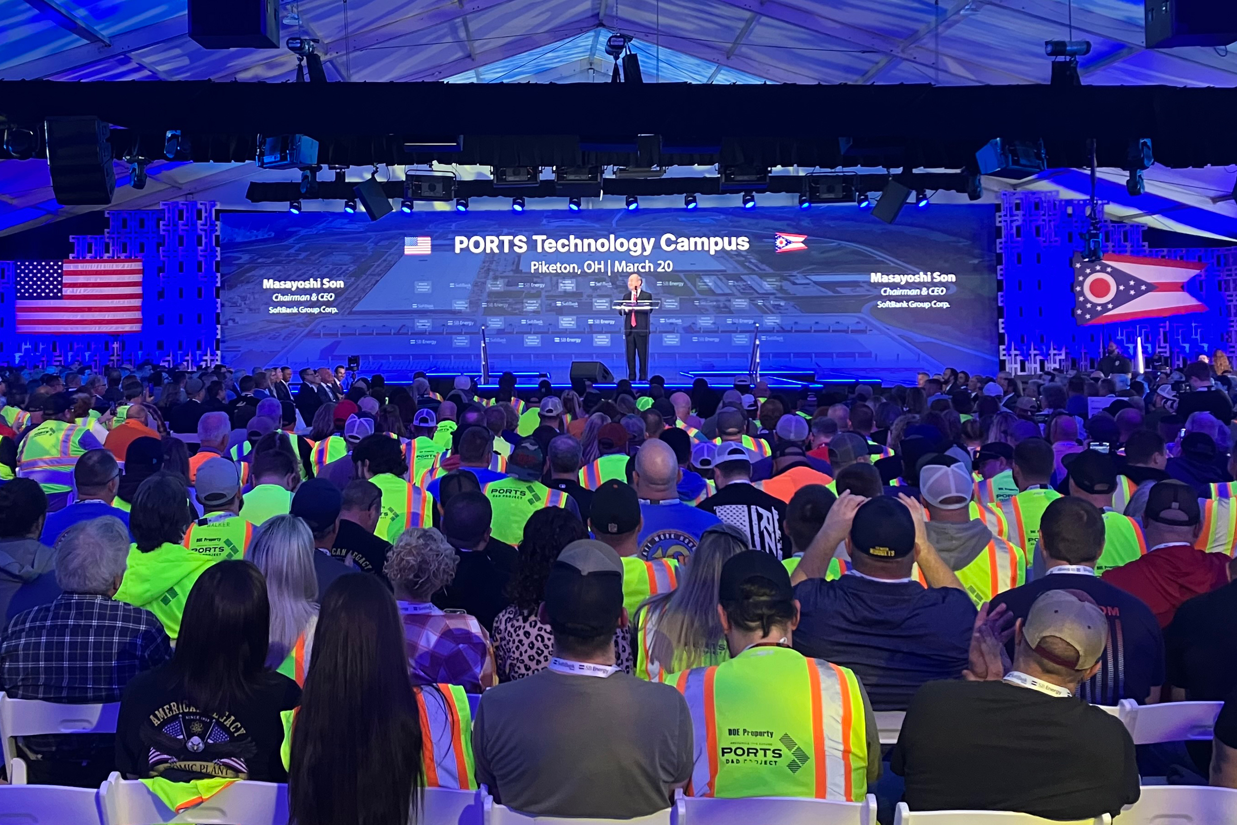 SoftBank CEO Masayoshi Son speaks ahead of the March 20 ceremonial groundbreaking for PORTS Technology Campus near Piketon, Ohio. Credit: Dan Gearino/Inside Climate News