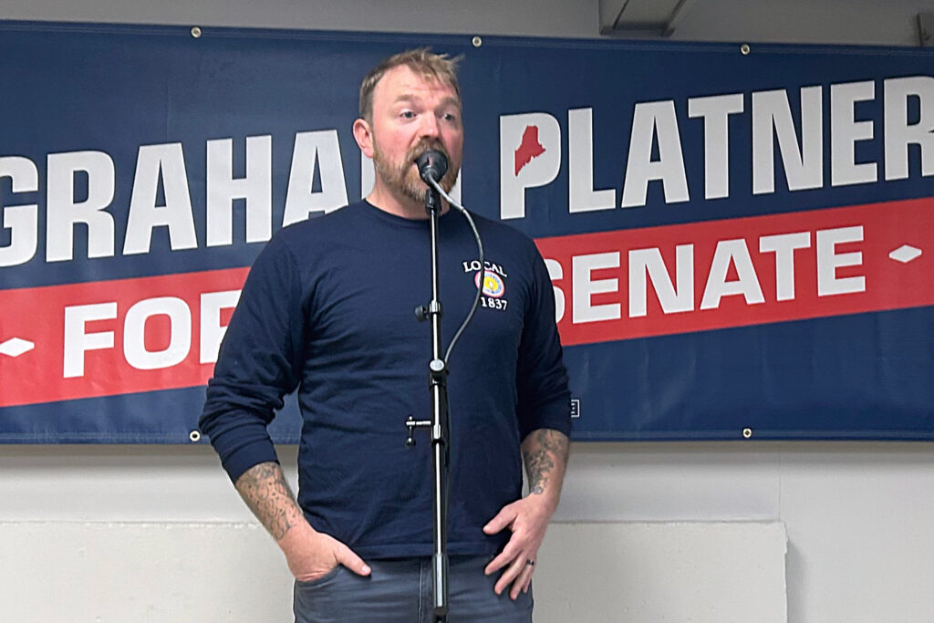 Senate candidate Graham Platner speaks at a campaign event in Sabattus, Maine, on April 29. Credit: Nathaniel Eisen/Inside Climate News