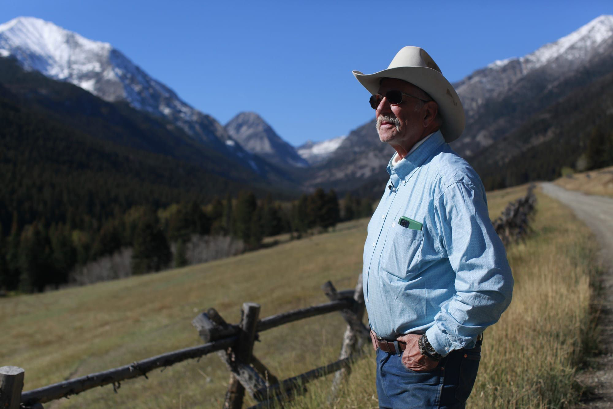 Lifelong Montana hunter Brad Wilson stands on the U.S. Forest Service road leading into Big Timber Canyon. This road is now the sole public entry point into the eastern side of the Crazy Mountains, a 40-mile-long range. Credit: Evan Simon/Floodlight