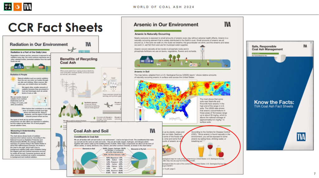 Under "CCR Fact Sheets," there are images of several pages, one about "the benefits of recycling coal ash" and one that says you will be exposed to "some arsenic by eating food, drinking water or breathing air" because it's "found naturally in the environment."