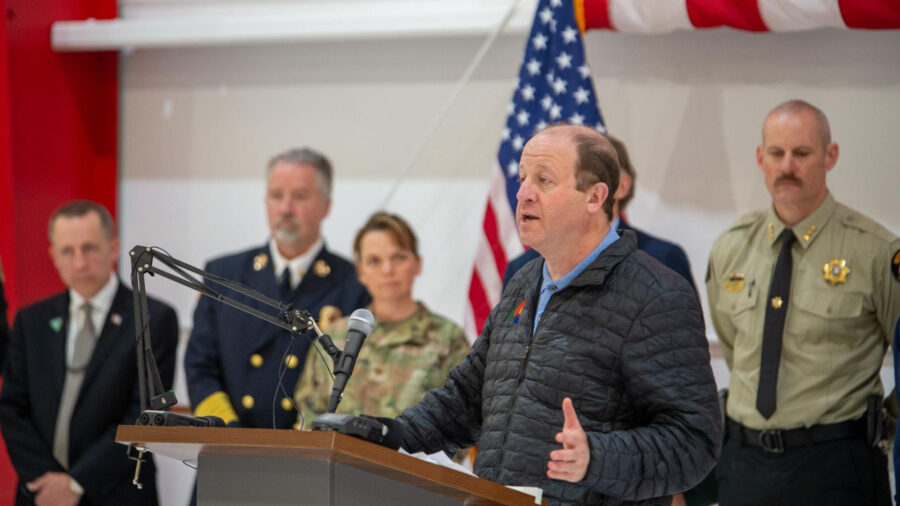 Colorado Gov. Jared Polis speaks at the annual state wildfire outlook briefing in Broomfield, Colo., on April 30. Credit: Drew Cavin/Colorado College Journalism Institute