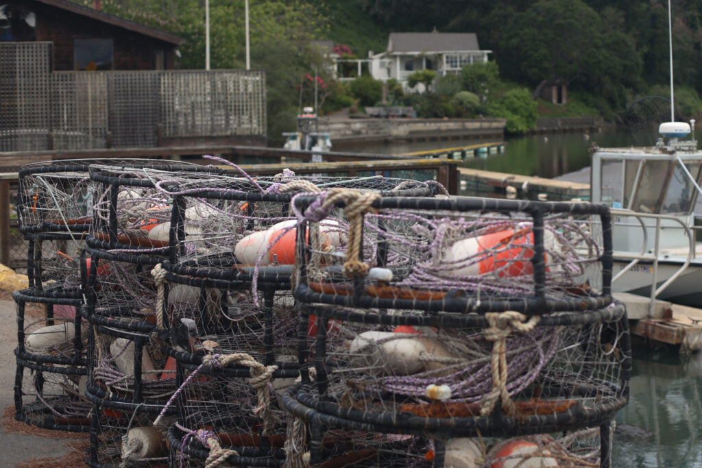 Crab traps sit empty in downtown Bolinas on April 18, after the season closed earlier than expected. Credit: Claire Barber/Inside Climate News