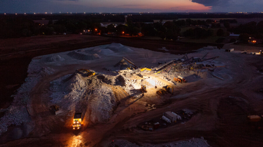 An aerial view of night operations at a limestone quarry in Belle Mina, Ala. The quarry operators agreed to mitigate dust, noise and light pollution in a settlement agreement with nearby residents. Credit: Southern Environmental Law Center