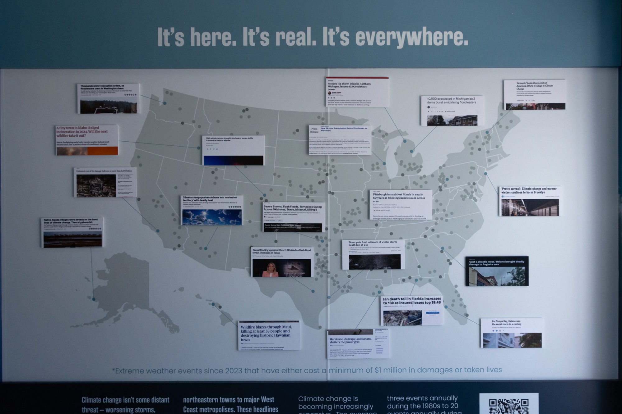 A map displayed in the pop-up exhibit shows the headlines related to deadly extreme weather events around the U.S. Credit: Gabriel Matias Castilho/Inside Climate News
